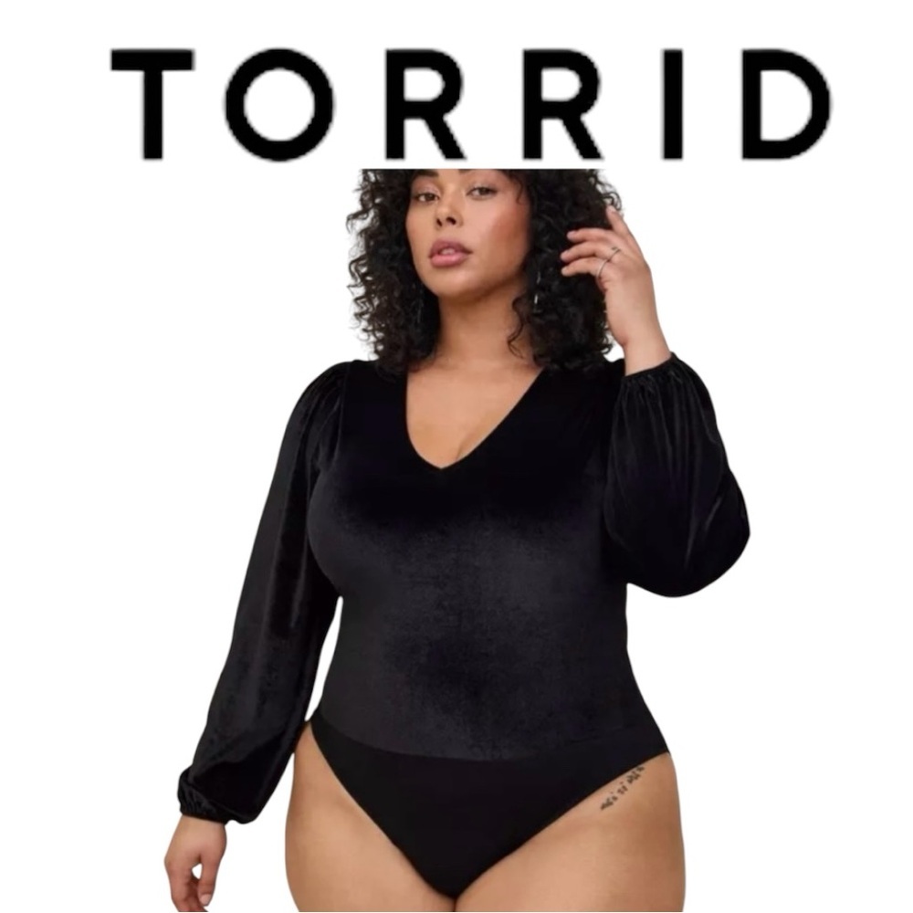Torrid Black Velvet Velour V-Neck Bodysuit Plus Size 2 2X